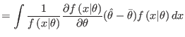 $\displaystyle =\int\frac{1}{f\left( x\vert\theta\right) }\frac{\partial f\left(...
...ht) }{\partial\theta}(\hat{\theta}-\bar{\theta})f\left(
 x\vert\theta\right) dx$